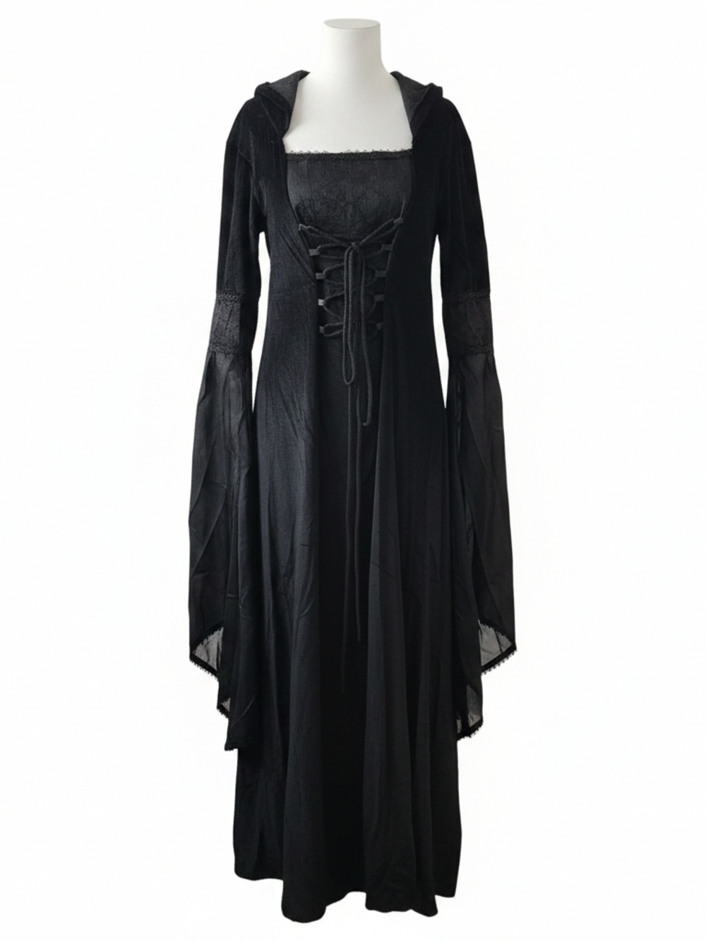 Black Hooded Lace-Up Gothic Maxi Dress - Picture 2 of 8